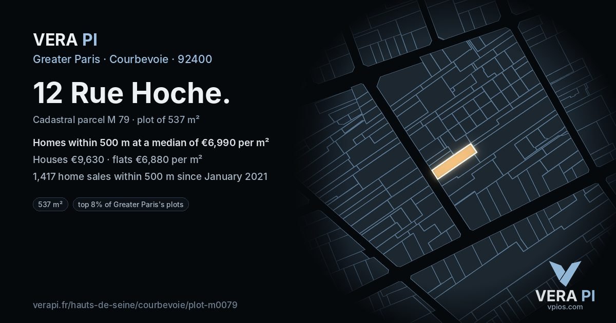 12 Rue Hoche, Courbevoie at night – the plot lit, the parcels around coloured by the prices near them