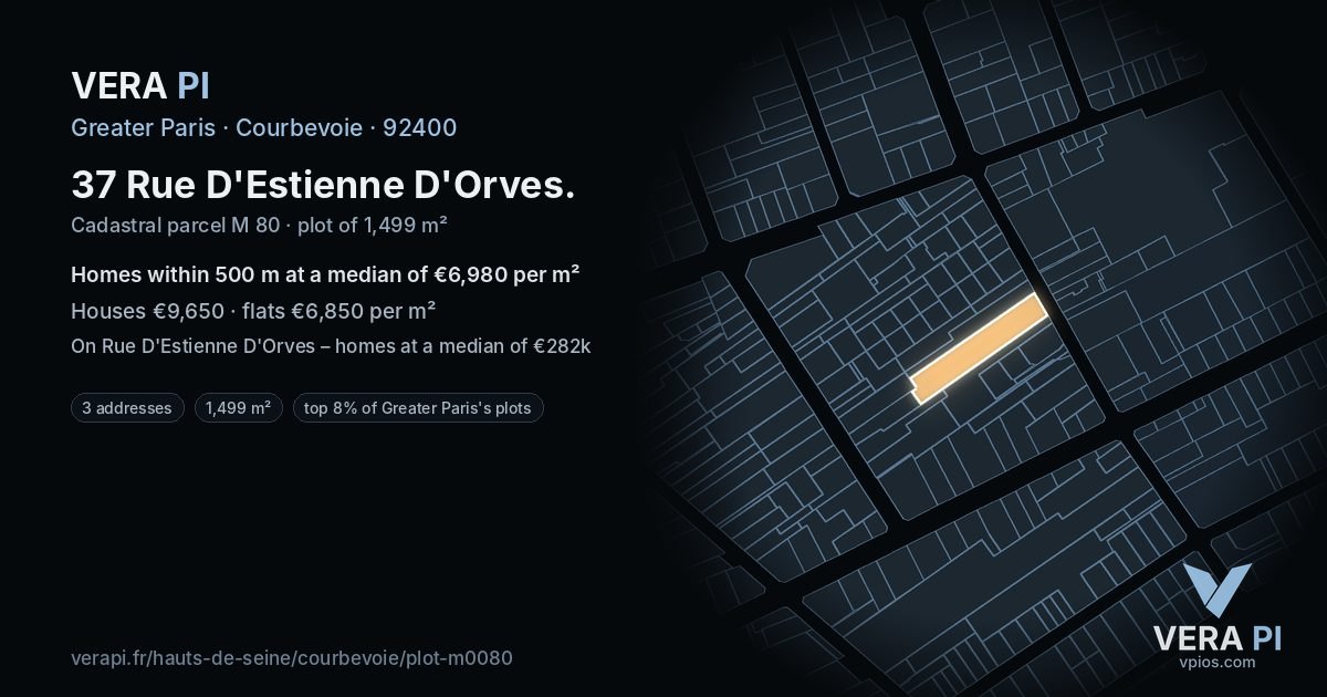 37 Rue D'Estienne D'Orves, Courbevoie at night – the plot lit, the parcels around coloured by the prices near them