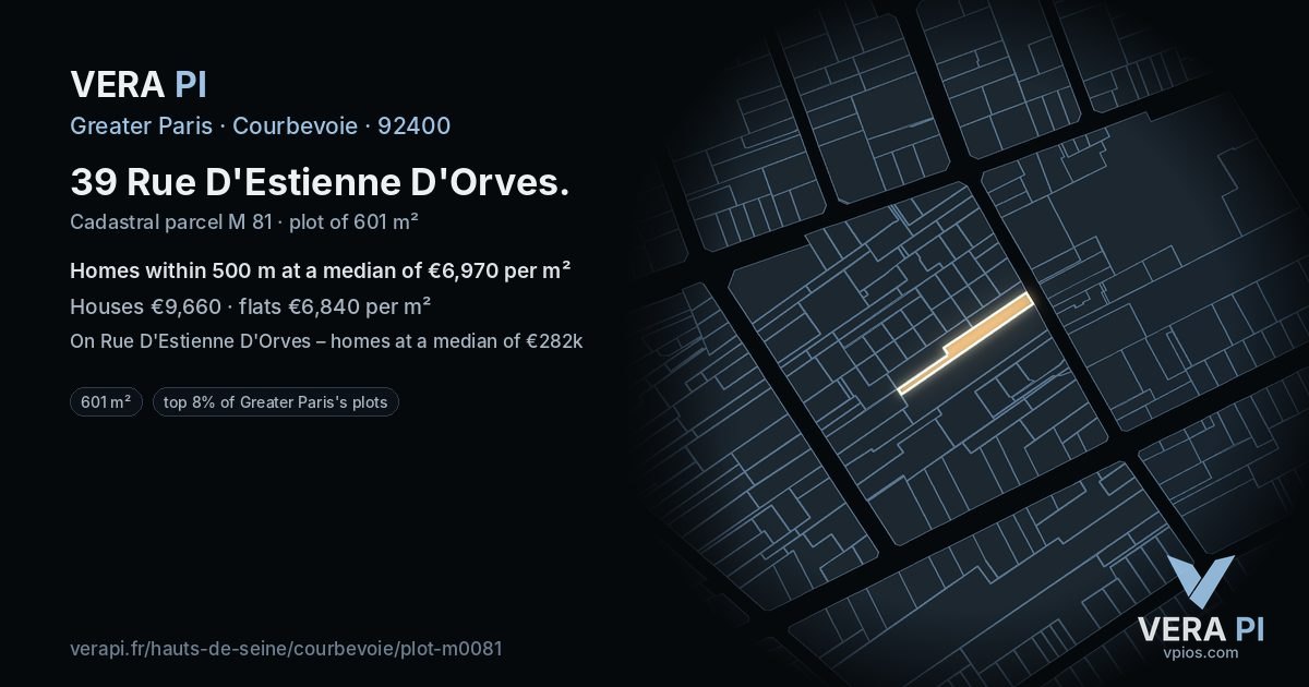 39 Rue D'Estienne D'Orves, Courbevoie at night – the plot lit, the parcels around coloured by the prices near them