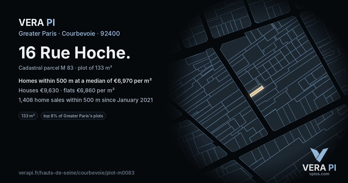 16 Rue Hoche, Courbevoie at night – the plot lit, the parcels around coloured by the prices near them