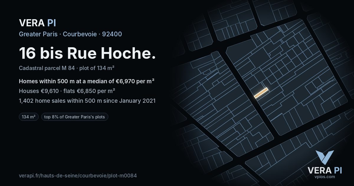16 bis Rue Hoche, Courbevoie at night – the plot lit, the parcels around coloured by the prices near them
