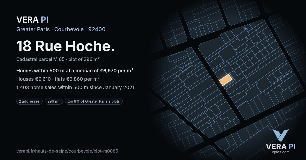 18 Rue Hoche, Courbevoie at night – the plot lit, the parcels around coloured by the prices near them
