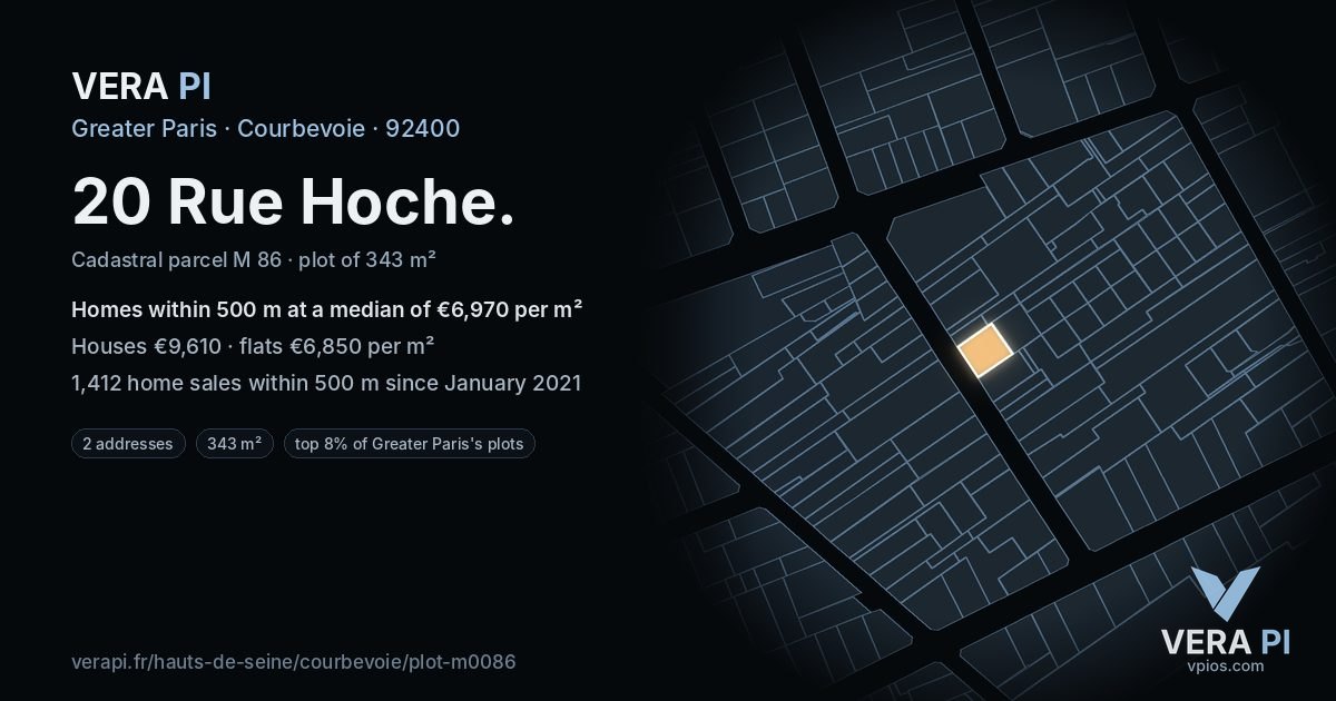 20 Rue Hoche, Courbevoie at night – the plot lit, the parcels around coloured by the prices near them