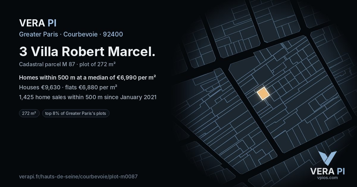 3 Villa Robert Marcel, Courbevoie at night – the plot lit, the parcels around coloured by the prices near them