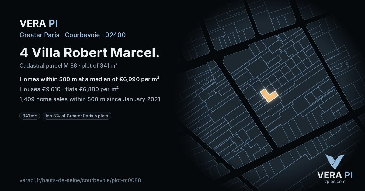 4 Villa Robert Marcel, Courbevoie at night – the plot lit, the parcels around coloured by the prices near them