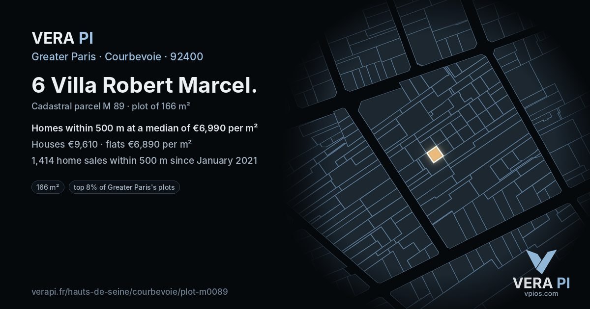 6 Villa Robert Marcel, Courbevoie at night – the plot lit, the parcels around coloured by the prices near them