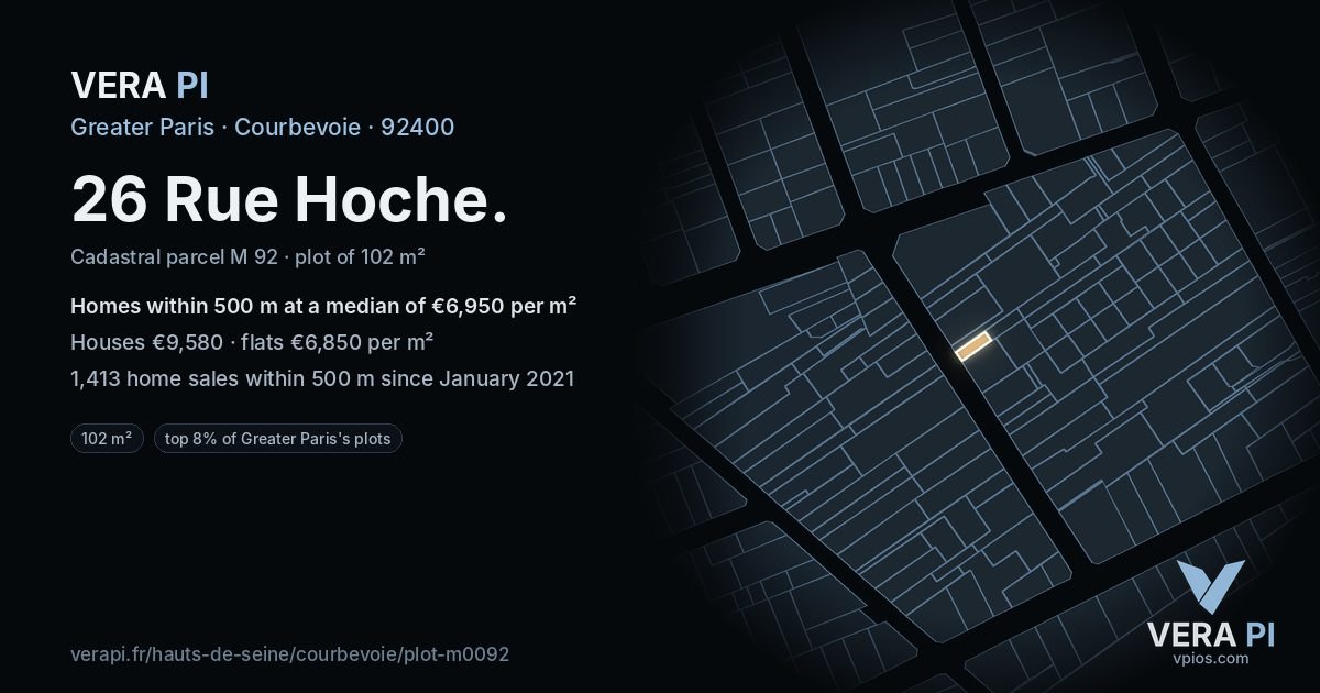 26 Rue Hoche, Courbevoie at night – the plot lit, the parcels around coloured by the prices near them