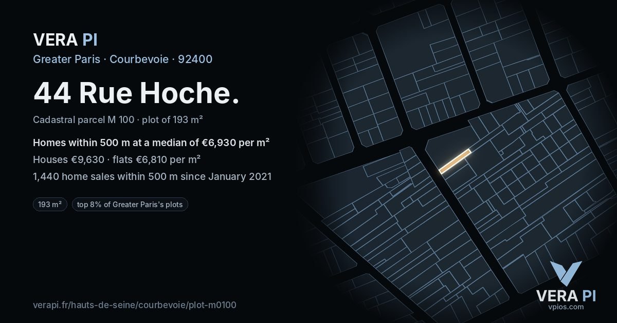 44 Rue Hoche, Courbevoie at night – the plot lit, the parcels around coloured by the prices near them