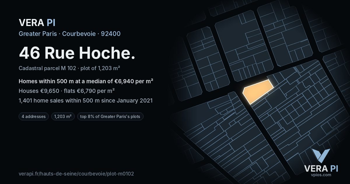 46 Rue Hoche, Courbevoie at night – the plot lit, the parcels around coloured by the prices near them