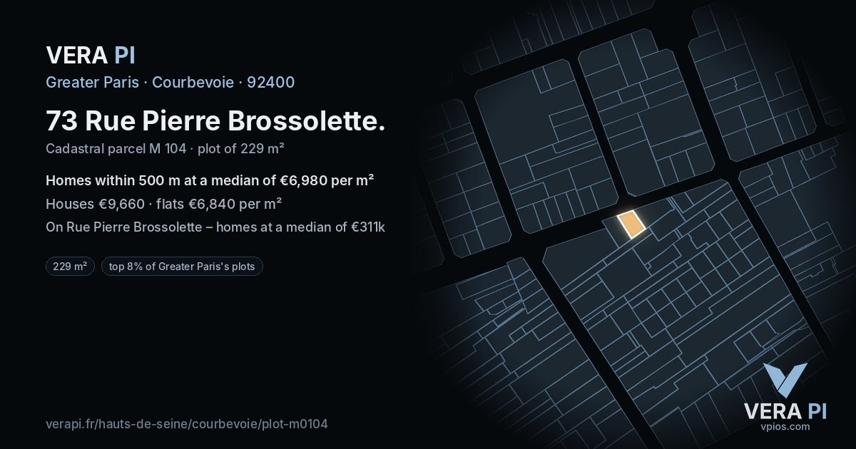 73 Rue Pierre Brossolette, Courbevoie at night – the plot lit, the parcels around coloured by the prices near them