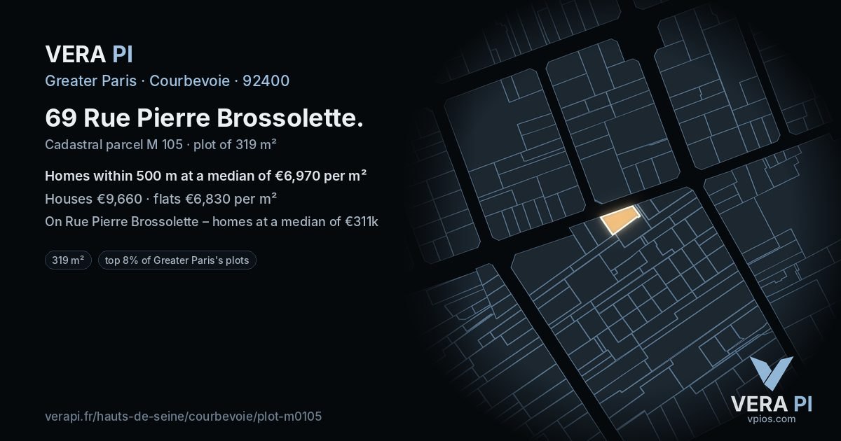 69 Rue Pierre Brossolette, Courbevoie at night – the plot lit, the parcels around coloured by the prices near them