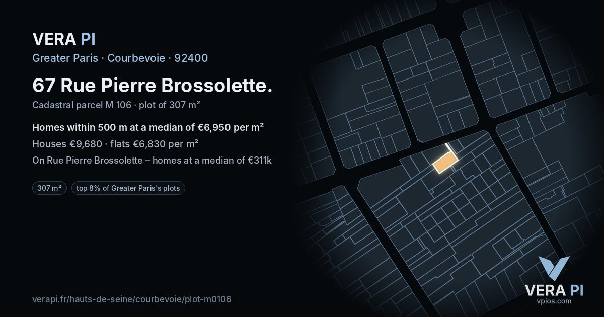 67 Rue Pierre Brossolette, Courbevoie at night – the plot lit, the parcels around coloured by the prices near them