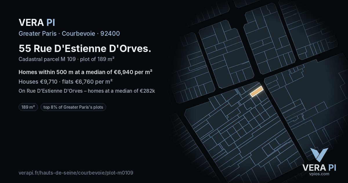 55 Rue D'Estienne D'Orves, Courbevoie at night – the plot lit, the parcels around coloured by the prices near them