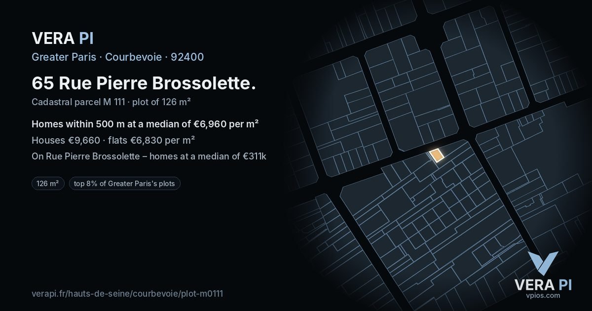 65 Rue Pierre Brossolette, Courbevoie at night – the plot lit, the parcels around coloured by the prices near them