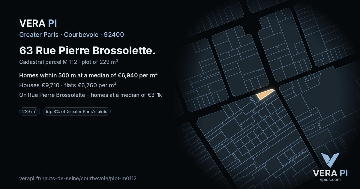 63 Rue Pierre Brossolette, Courbevoie at night – the plot lit, the parcels around coloured by the prices near them