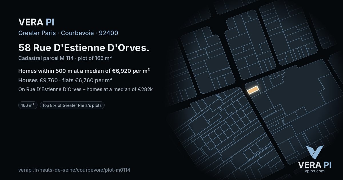 58 Rue D'Estienne D'Orves, Courbevoie at night – the plot lit, the parcels around coloured by the prices near them