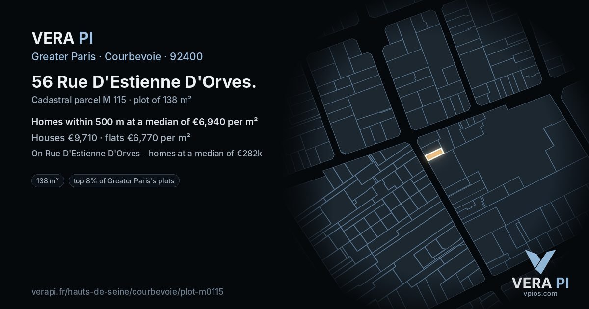 56 Rue D'Estienne D'Orves, Courbevoie at night – the plot lit, the parcels around coloured by the prices near them