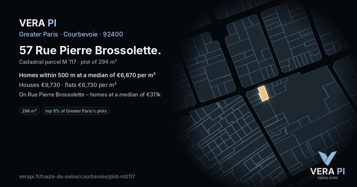 57 Rue Pierre Brossolette, Courbevoie at night – the plot lit, the parcels around coloured by the prices near them