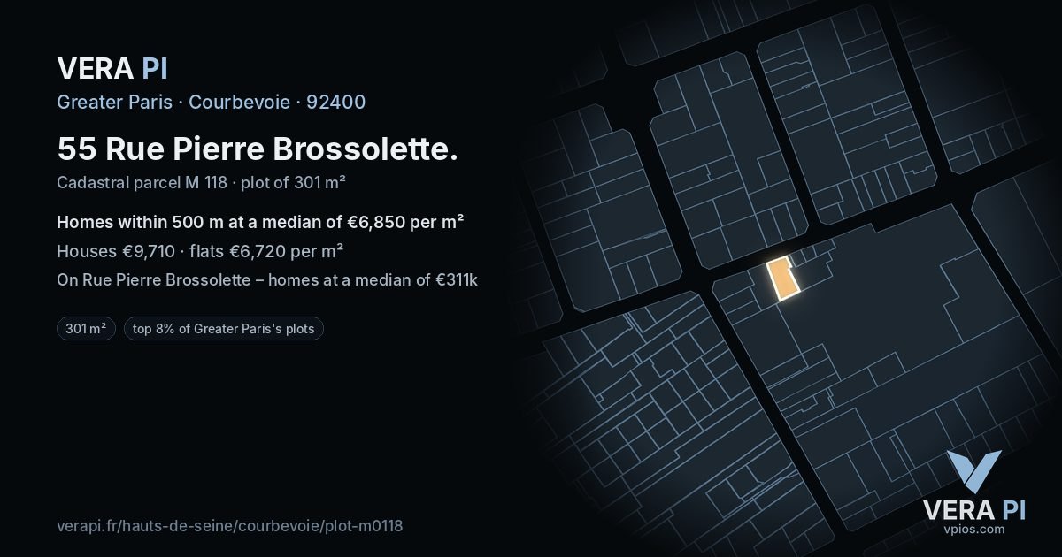 55 Rue Pierre Brossolette, Courbevoie at night – the plot lit, the parcels around coloured by the prices near them