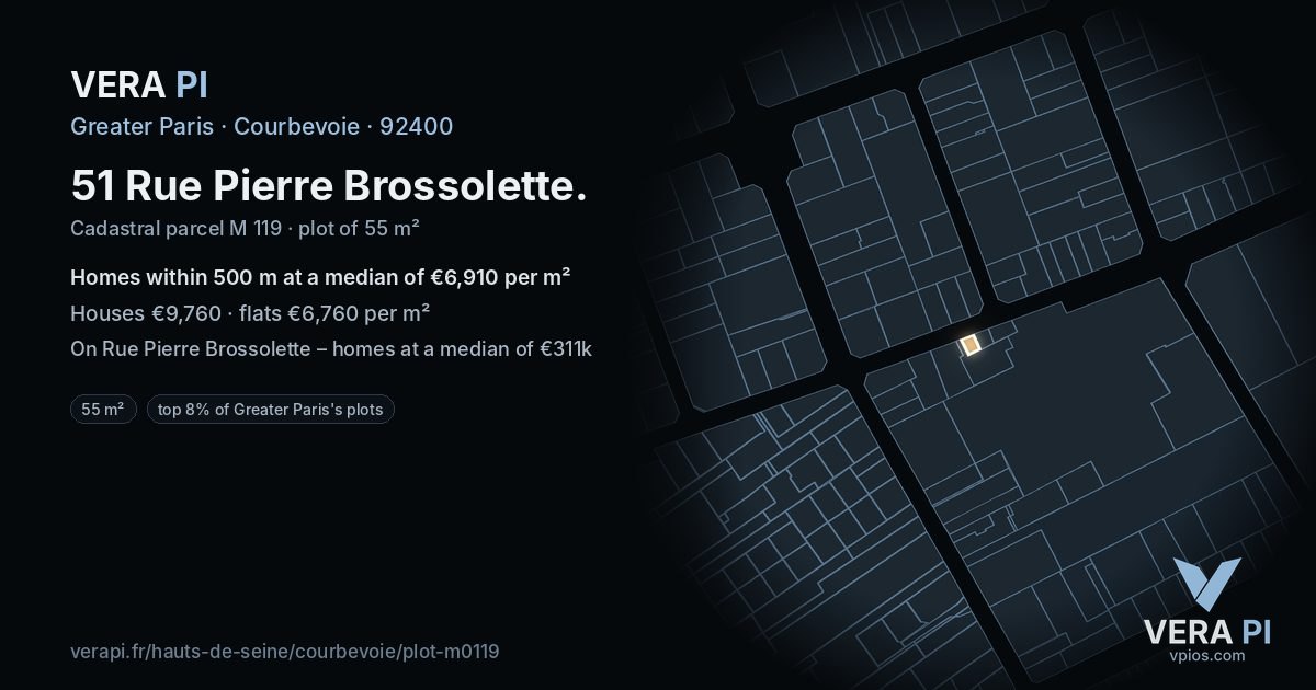 51 Rue Pierre Brossolette, Courbevoie at night – the plot lit, the parcels around coloured by the prices near them