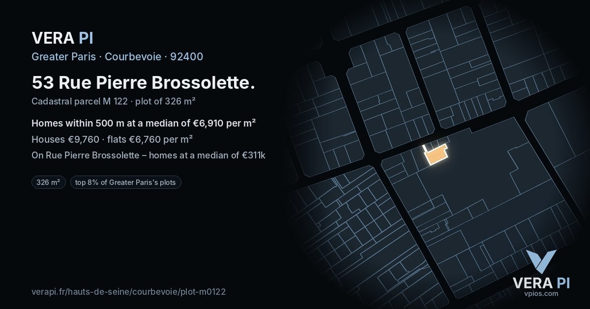 53 Rue Pierre Brossolette, Courbevoie at night – the plot lit, the parcels around coloured by the prices near them