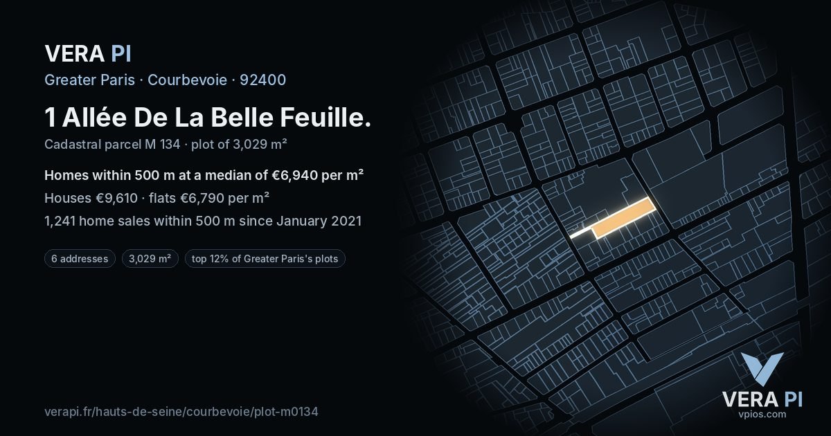 1 Allée De La Belle Feuille, Courbevoie at night – the plot lit, the parcels around coloured by the prices near them