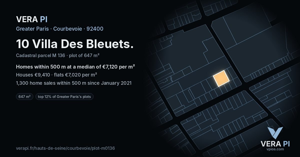 10 Villa Des Bleuets, Courbevoie at night – the plot lit, the parcels around coloured by the prices near them