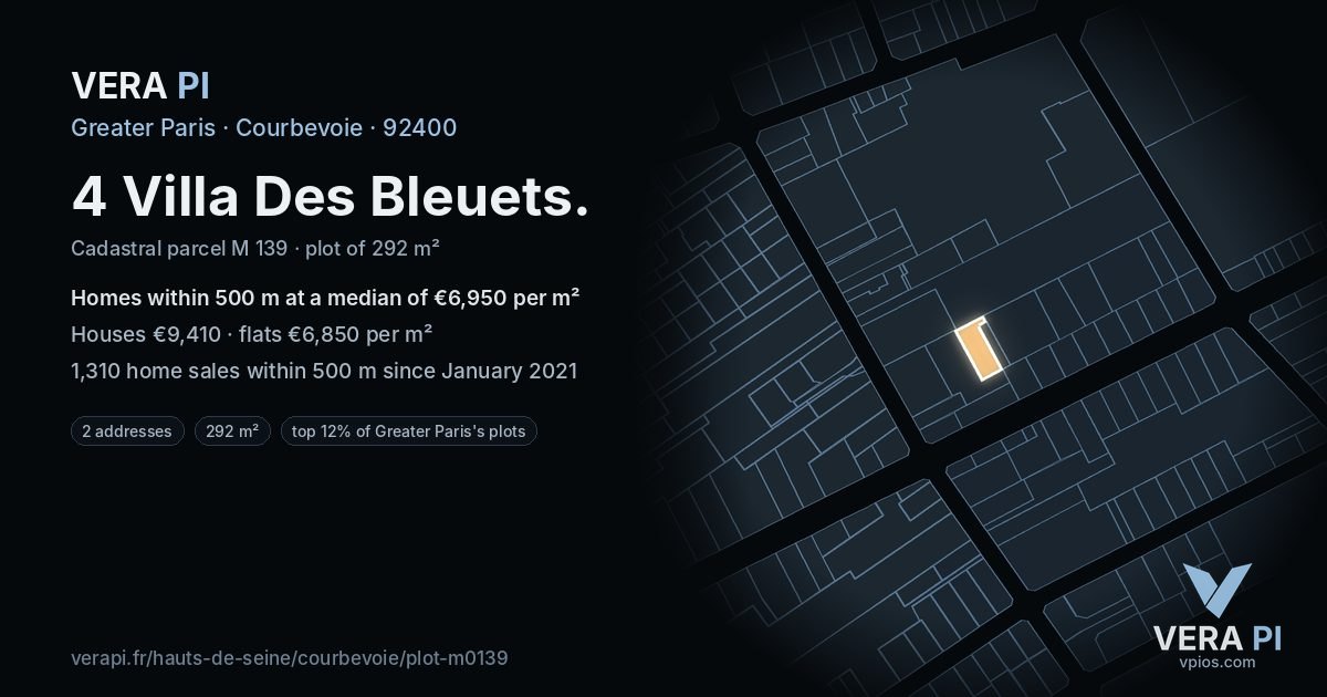 4 Villa Des Bleuets, Courbevoie at night – the plot lit, the parcels around coloured by the prices near them