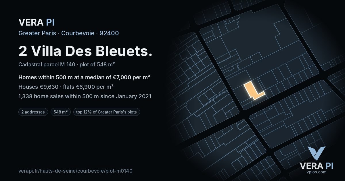 2 Villa Des Bleuets, Courbevoie at night – the plot lit, the parcels around coloured by the prices near them