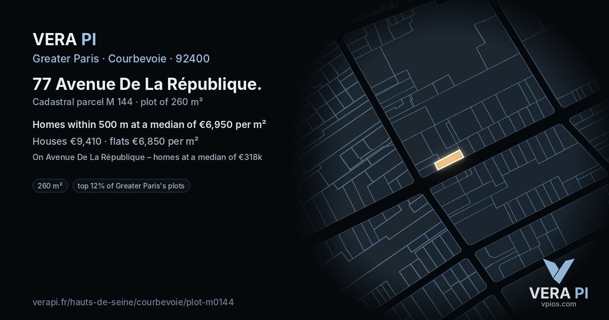 77 Avenue De La République, Courbevoie at night – the plot lit, the parcels around coloured by the prices near them