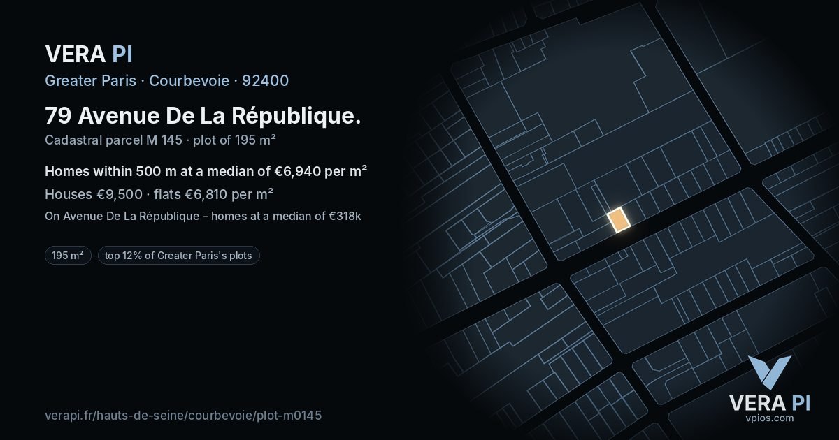 79 Avenue De La République, Courbevoie at night – the plot lit, the parcels around coloured by the prices near them