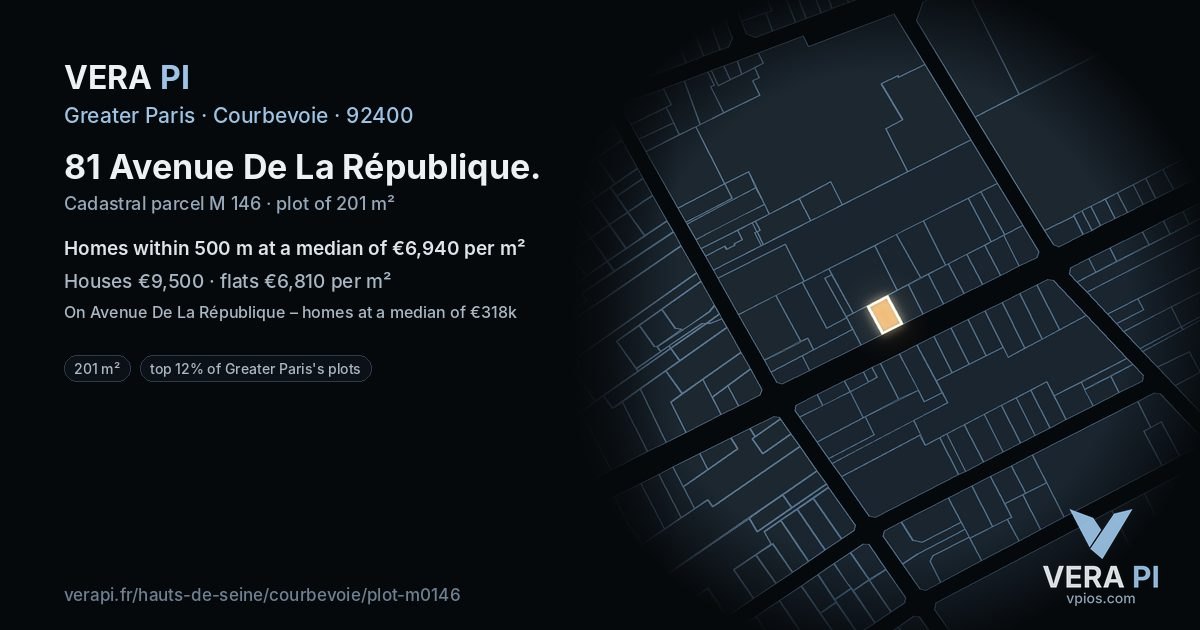 81 Avenue De La République, Courbevoie at night – the plot lit, the parcels around coloured by the prices near them
