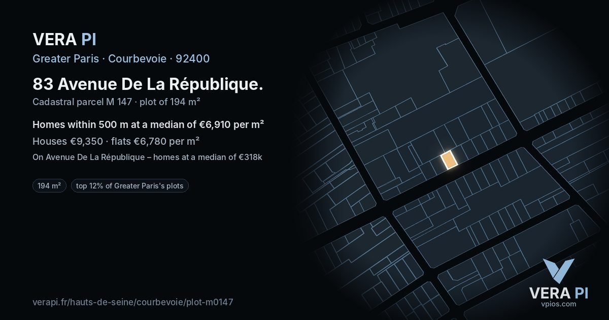 83 Avenue De La République, Courbevoie at night – the plot lit, the parcels around coloured by the prices near them