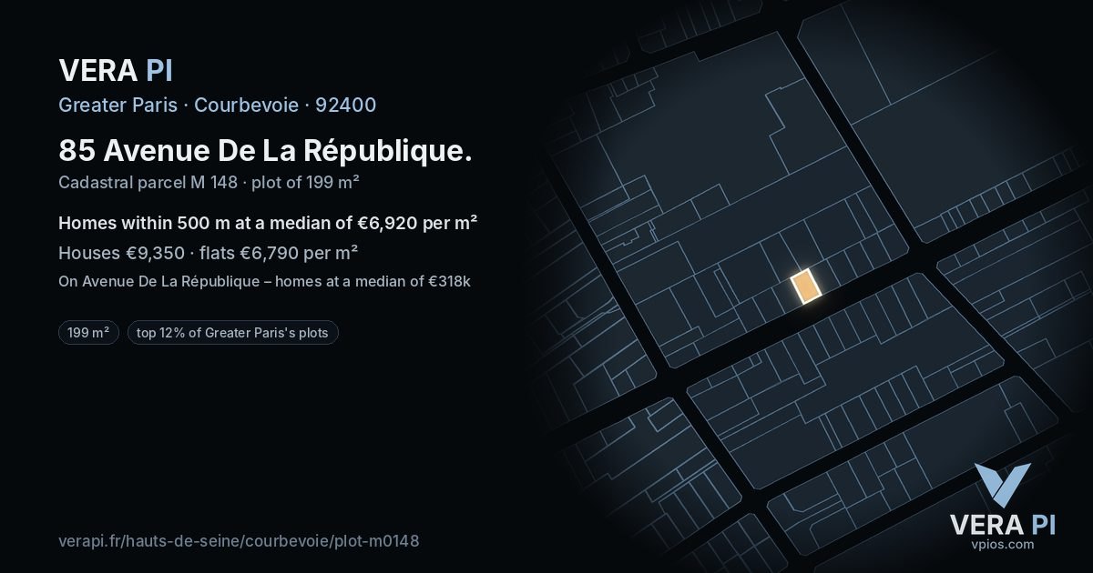 85 Avenue De La République, Courbevoie at night – the plot lit, the parcels around coloured by the prices near them