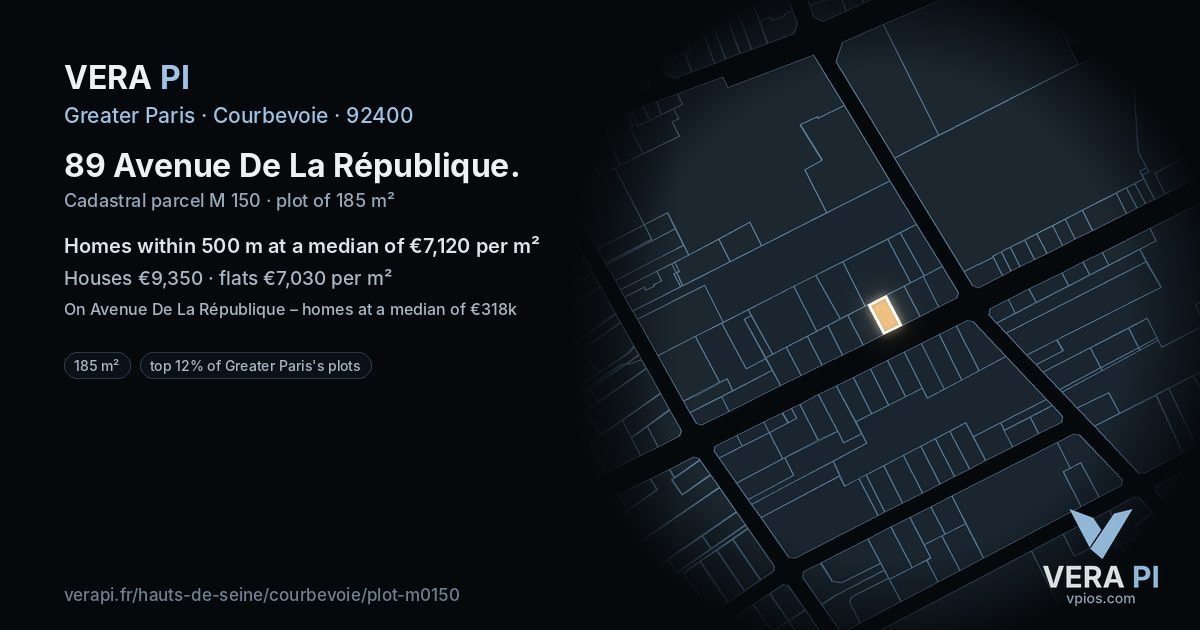 89 Avenue De La République, Courbevoie at night – the plot lit, the parcels around coloured by the prices near them
