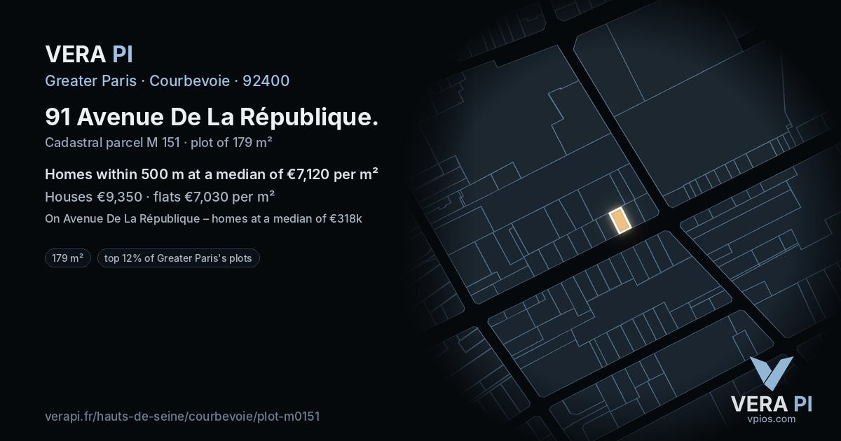 91 Avenue De La République, Courbevoie at night – the plot lit, the parcels around coloured by the prices near them