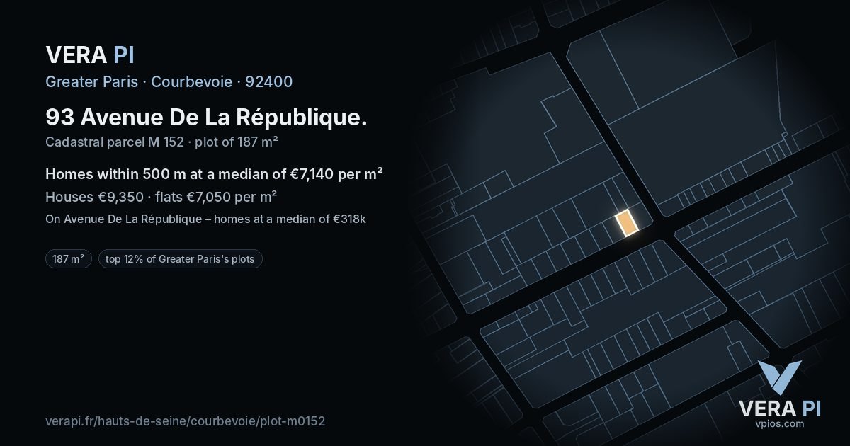 93 Avenue De La République, Courbevoie at night – the plot lit, the parcels around coloured by the prices near them