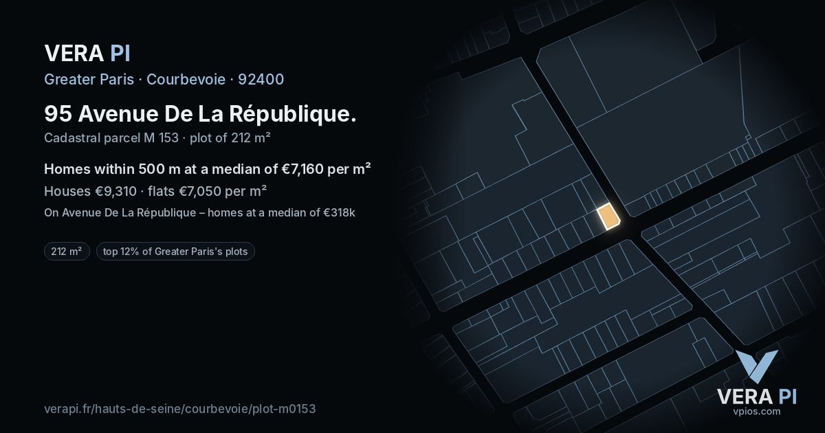 95 Avenue De La République, Courbevoie at night – the plot lit, the parcels around coloured by the prices near them