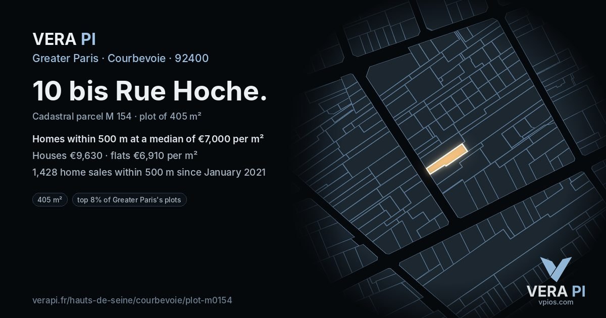 10 bis Rue Hoche, Courbevoie at night – the plot lit, the parcels around coloured by the prices near them