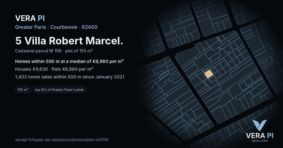 5 Villa Robert Marcel, Courbevoie at night – the plot lit, the parcels around coloured by the prices near them