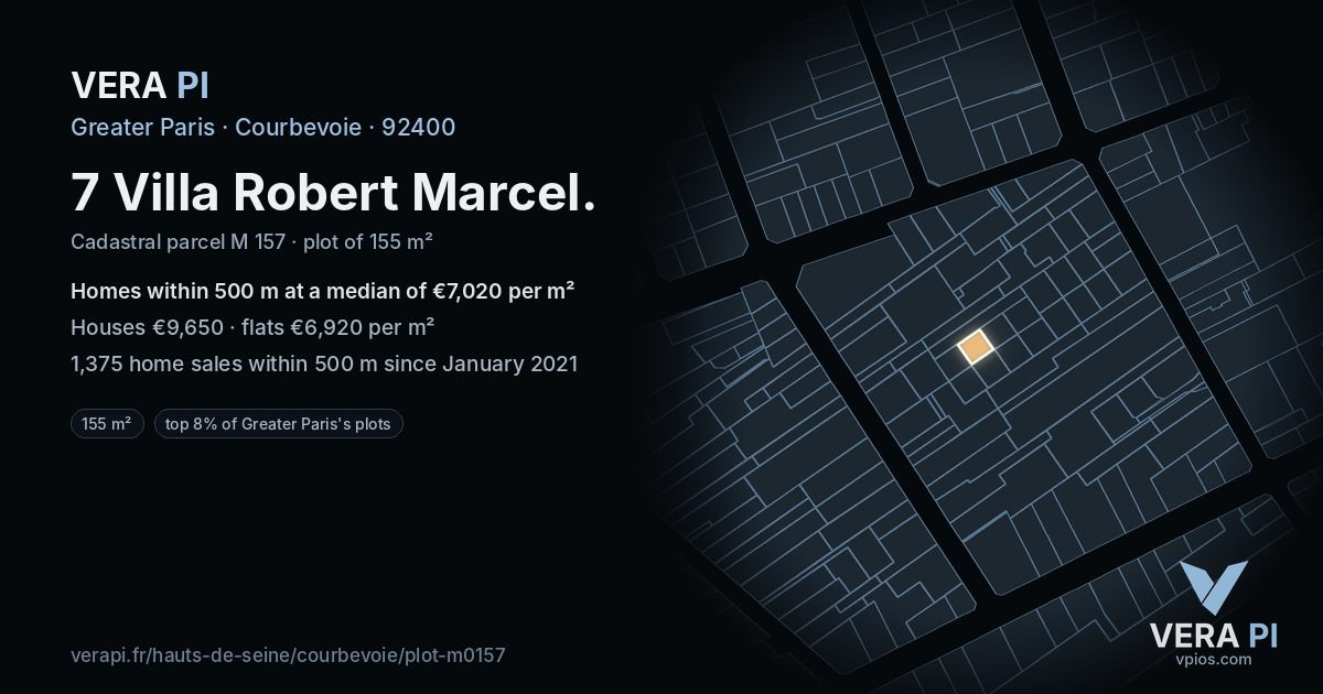 7 Villa Robert Marcel, Courbevoie at night – the plot lit, the parcels around coloured by the prices near them