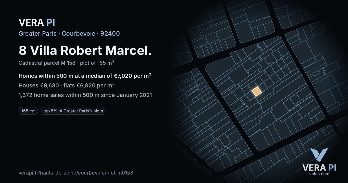 8 Villa Robert Marcel, Courbevoie at night – the plot lit, the parcels around coloured by the prices near them