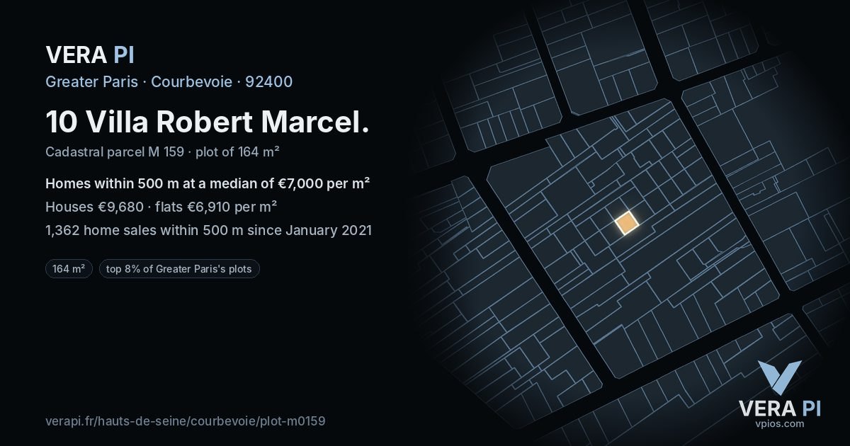 10 Villa Robert Marcel, Courbevoie at night – the plot lit, the parcels around coloured by the prices near them