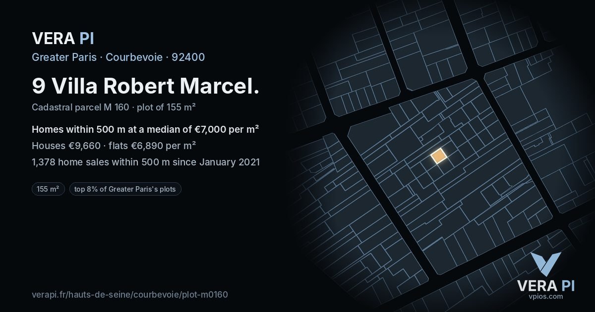 9 Villa Robert Marcel, Courbevoie at night – the plot lit, the parcels around coloured by the prices near them