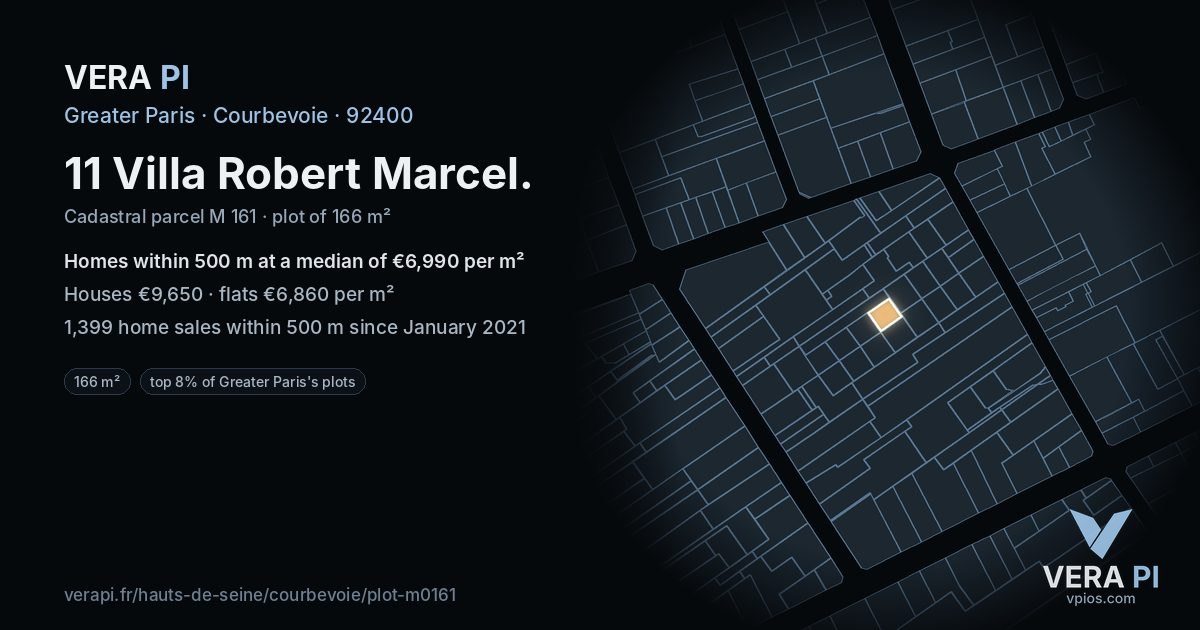 11 Villa Robert Marcel, Courbevoie at night – the plot lit, the parcels around coloured by the prices near them