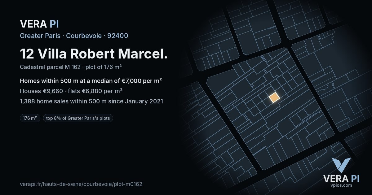 12 Villa Robert Marcel, Courbevoie at night – the plot lit, the parcels around coloured by the prices near them