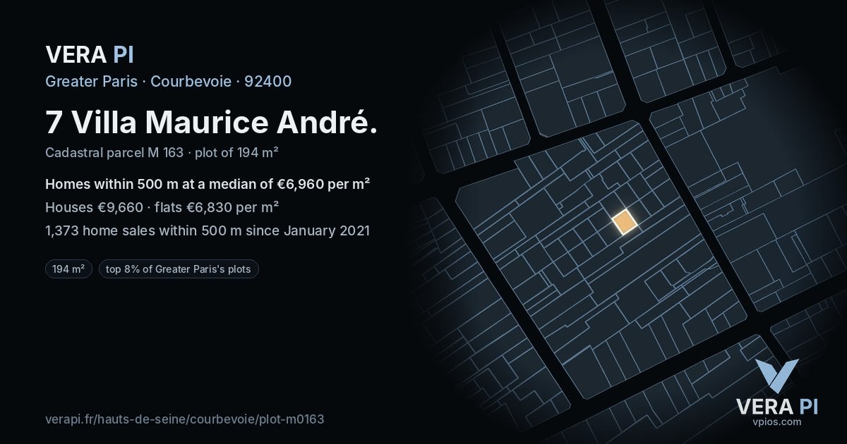 7 Villa Maurice André, Courbevoie at night – the plot lit, the parcels around coloured by the prices near them
