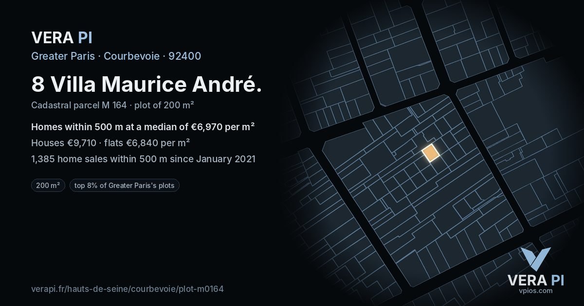 8 Villa Maurice André, Courbevoie at night – the plot lit, the parcels around coloured by the prices near them