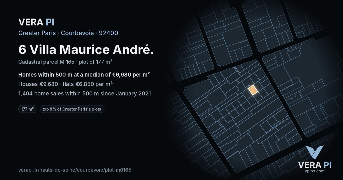 6 Villa Maurice André, Courbevoie at night – the plot lit, the parcels around coloured by the prices near them