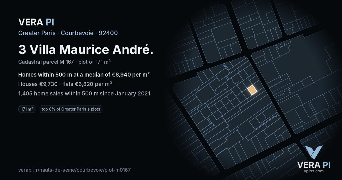 3 Villa Maurice André, Courbevoie at night – the plot lit, the parcels around coloured by the prices near them